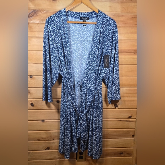 NWT Rene Rofe Sleepwear Womens Robe Blue Floral 2XL Belt Cottagecore Feminine - Picture 2 of 6